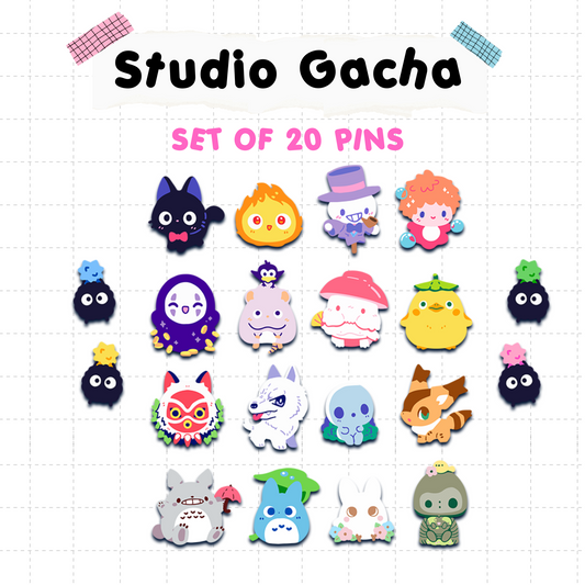 STUDIO GACHA Enamel Pin Mystery Bags: Set of 16 Commons + 4 Soots [20 PINS TOTAL]